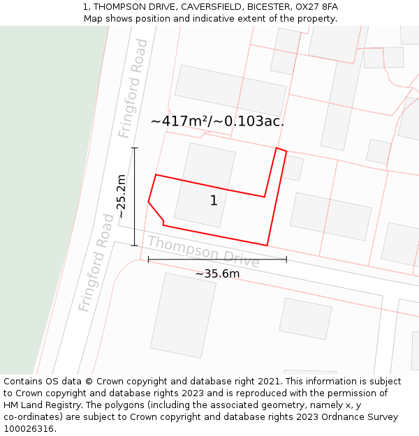 1, THOMPSON DRIVE, CAVERSFIELD, BICESTER, OX27 8FA: Plot and title map