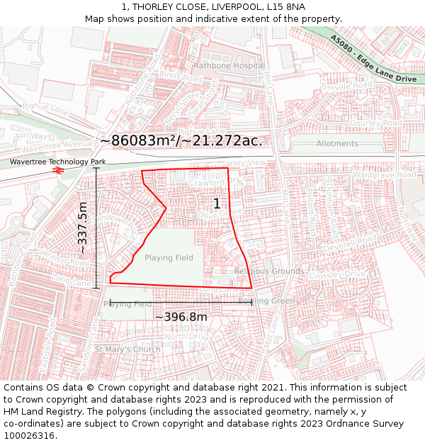 1, THORLEY CLOSE, LIVERPOOL, L15 8NA: Plot and title map