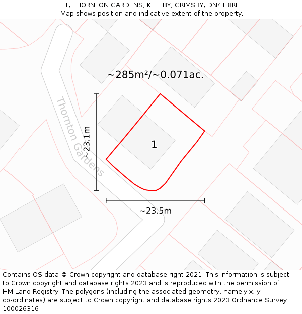 1, THORNTON GARDENS, KEELBY, GRIMSBY, DN41 8RE: Plot and title map