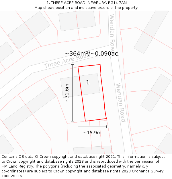 1, THREE ACRE ROAD, NEWBURY, RG14 7AN: Plot and title map