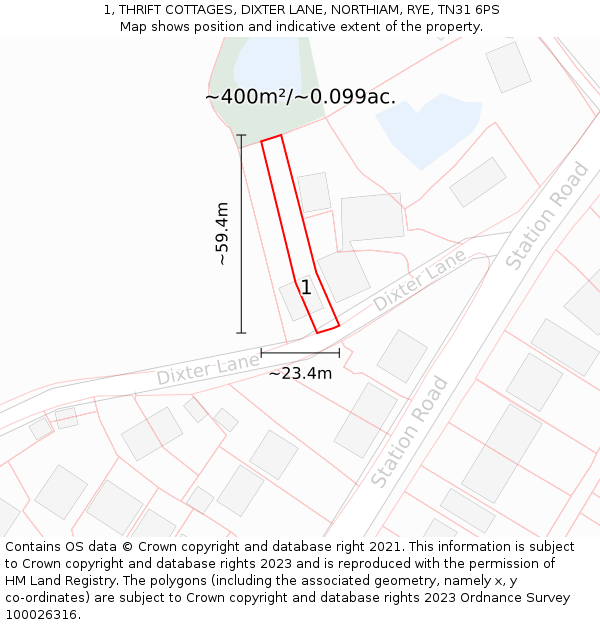1, THRIFT COTTAGES, DIXTER LANE, NORTHIAM, RYE, TN31 6PS: Plot and title map