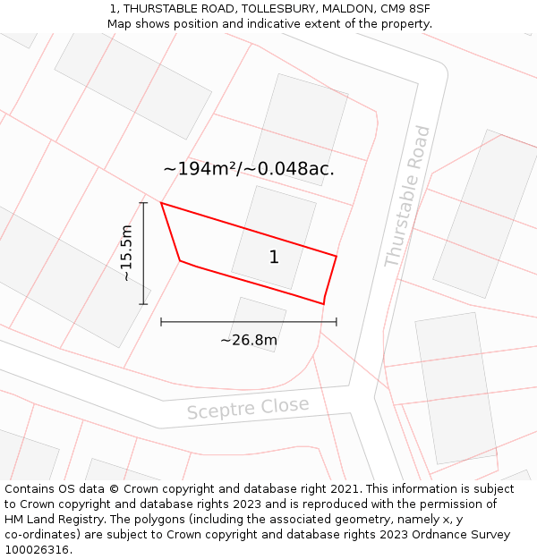 1, THURSTABLE ROAD, TOLLESBURY, MALDON, CM9 8SF: Plot and title map