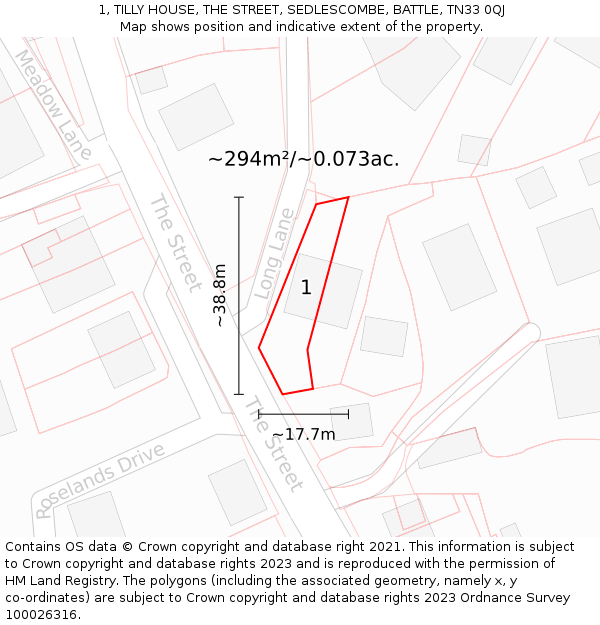 1, TILLY HOUSE, THE STREET, SEDLESCOMBE, BATTLE, TN33 0QJ: Plot and title map