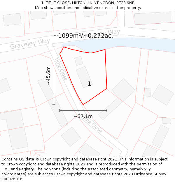 1, TITHE CLOSE, HILTON, HUNTINGDON, PE28 9NR: Plot and title map