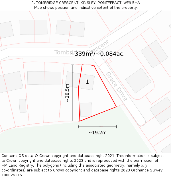 1, TOMBRIDGE CRESCENT, KINSLEY, PONTEFRACT, WF9 5HA: Plot and title map