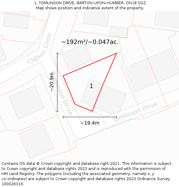 1, TOMLINSON DRIVE, BARTON-UPON-HUMBER, DN18 5GZ: Plot and title map