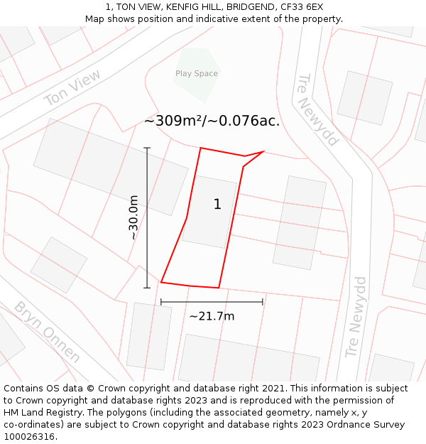 1, TON VIEW, KENFIG HILL, BRIDGEND, CF33 6EX: Plot and title map