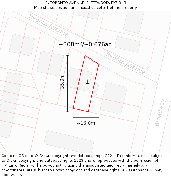 1, TORONTO AVENUE, FLEETWOOD, FY7 8HB: Plot and title map