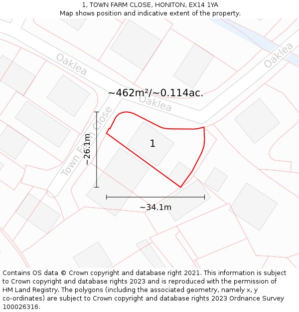 1, TOWN FARM CLOSE, HONITON, EX14 1YA: Plot and title map