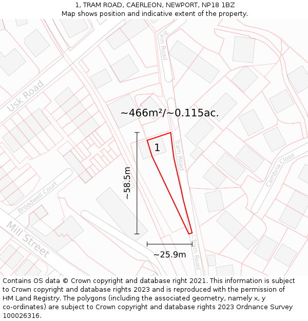 1, TRAM ROAD, CAERLEON, NEWPORT, NP18 1BZ: Plot and title map