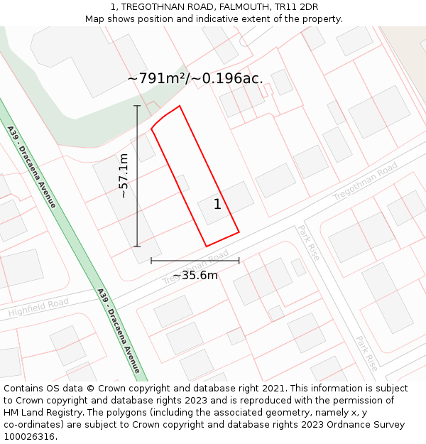 1, TREGOTHNAN ROAD, FALMOUTH, TR11 2DR: Plot and title map