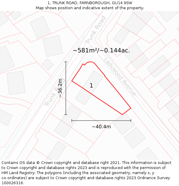1, TRUNK ROAD, FARNBOROUGH, GU14 9SW: Plot and title map