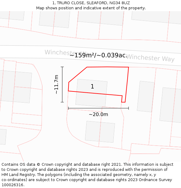 1, TRURO CLOSE, SLEAFORD, NG34 8UZ: Plot and title map