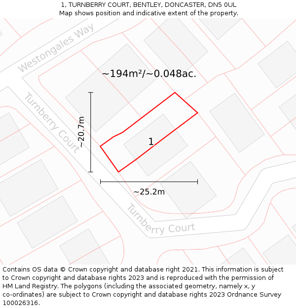 1, TURNBERRY COURT, BENTLEY, DONCASTER, DN5 0UL: Plot and title map