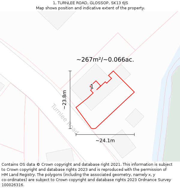 1, TURNLEE ROAD, GLOSSOP, SK13 6JS: Plot and title map