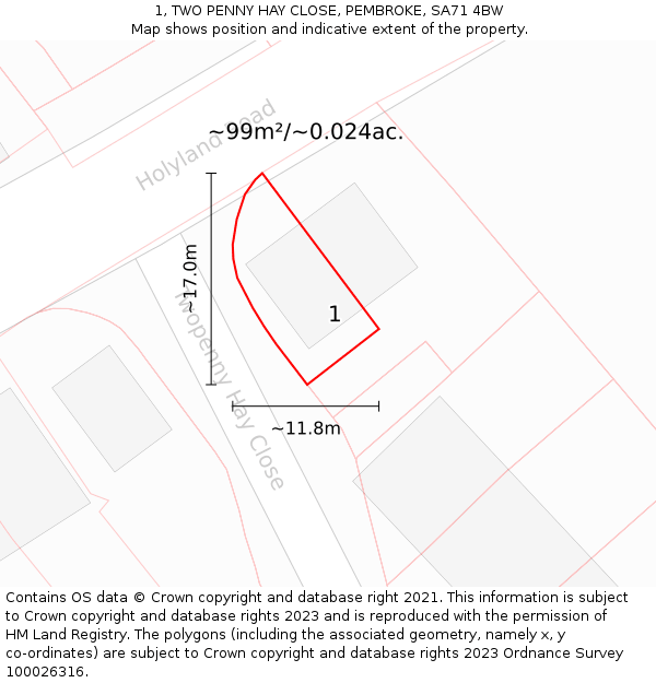 1, TWO PENNY HAY CLOSE, PEMBROKE, SA71 4BW: Plot and title map