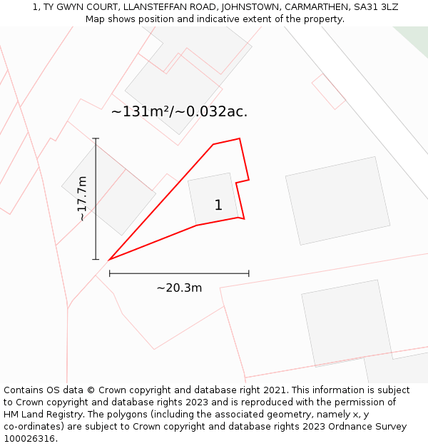 1, TY GWYN COURT, LLANSTEFFAN ROAD, JOHNSTOWN, CARMARTHEN, SA31 3LZ: Plot and title map