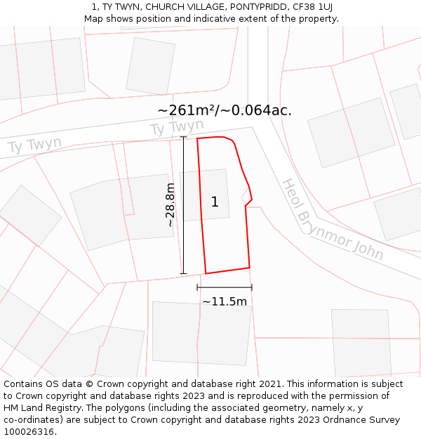 1, TY TWYN, CHURCH VILLAGE, PONTYPRIDD, CF38 1UJ: Plot and title map