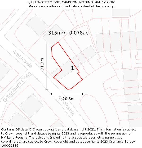 1, ULLSWATER CLOSE, GAMSTON, NOTTINGHAM, NG2 6PG: Plot and title map