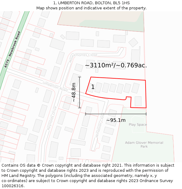 1, UMBERTON ROAD, BOLTON, BL5 1HS: Plot and title map