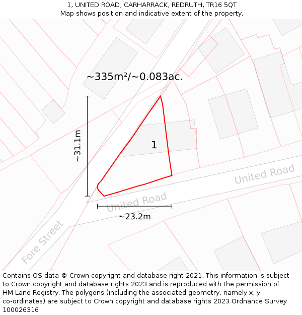 1, UNITED ROAD, CARHARRACK, REDRUTH, TR16 5QT: Plot and title map