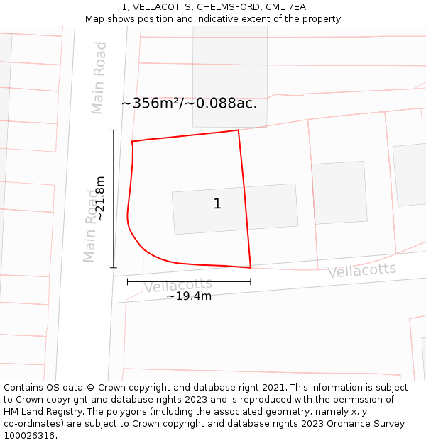 1, VELLACOTTS, CHELMSFORD, CM1 7EA: Plot and title map