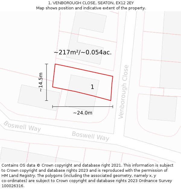 1, VENBOROUGH CLOSE, SEATON, EX12 2EY: Plot and title map