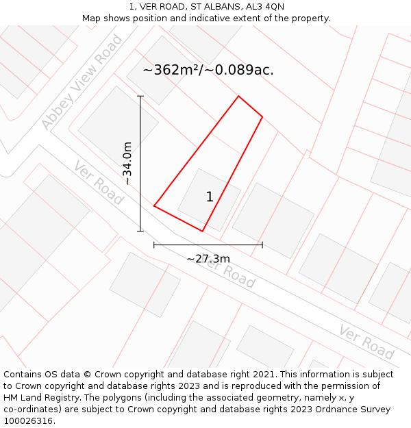 1, VER ROAD, ST ALBANS, AL3 4QN: Plot and title map