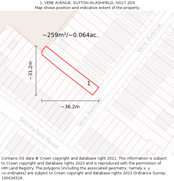 1, VERE AVENUE, SUTTON-IN-ASHFIELD, NG17 2DS: Plot and title map