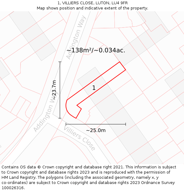 1, VILLIERS CLOSE, LUTON, LU4 9FR: Plot and title map