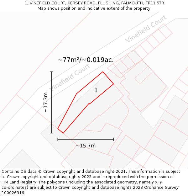 1, VINEFIELD COURT, KERSEY ROAD, FLUSHING, FALMOUTH, TR11 5TR: Plot and title map