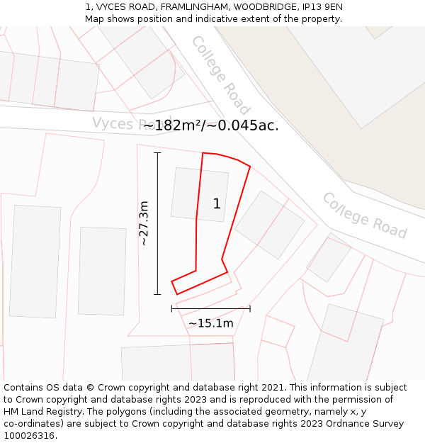 1, VYCES ROAD, FRAMLINGHAM, WOODBRIDGE, IP13 9EN: Plot and title map