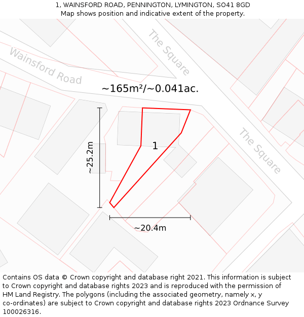 1, WAINSFORD ROAD, PENNINGTON, LYMINGTON, SO41 8GD: Plot and title map