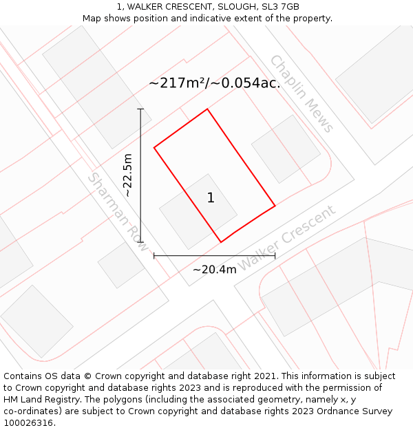 1, WALKER CRESCENT, SLOUGH, SL3 7GB: Plot and title map