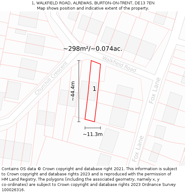 1, WALKFIELD ROAD, ALREWAS, BURTON-ON-TRENT, DE13 7EN: Plot and title map