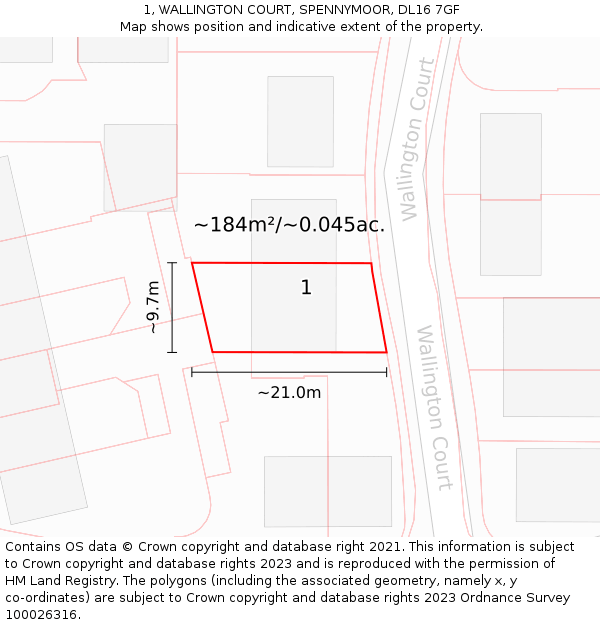 1, WALLINGTON COURT, SPENNYMOOR, DL16 7GF: Plot and title map