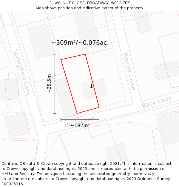 1, WALNUT CLOSE, BROADWAY, WR12 7BS: Plot and title map