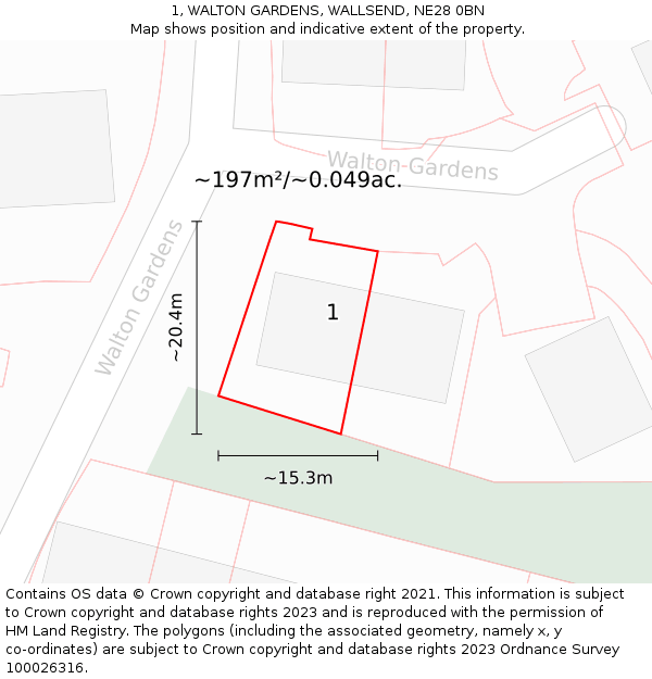 1, WALTON GARDENS, WALLSEND, NE28 0BN: Plot and title map