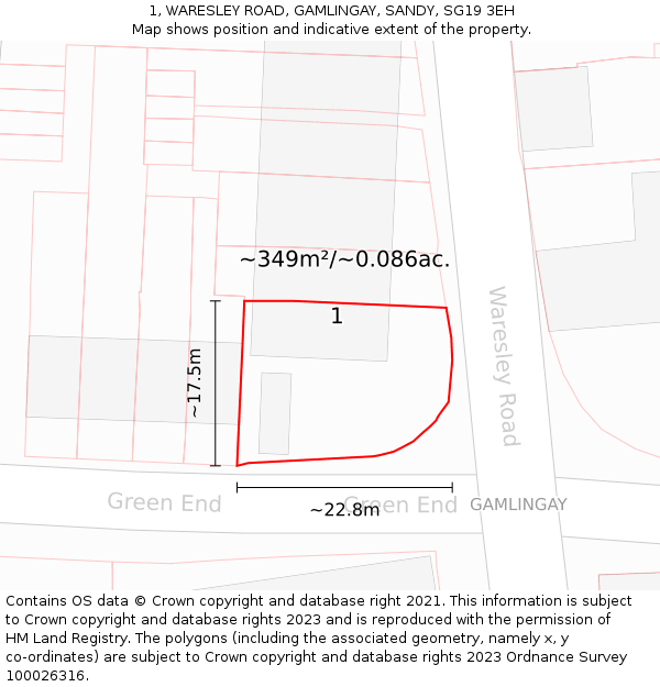 1, WARESLEY ROAD, GAMLINGAY, SANDY, SG19 3EH: Plot and title map