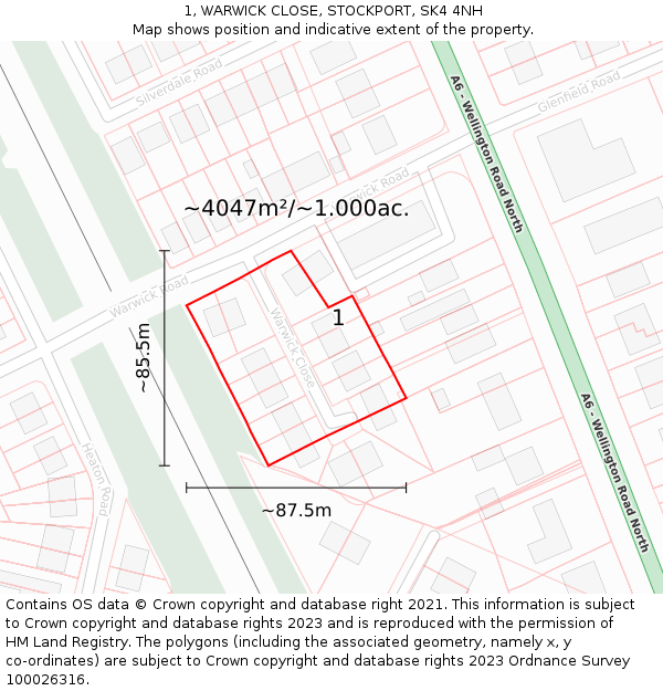 1, WARWICK CLOSE, STOCKPORT, SK4 4NH: Plot and title map