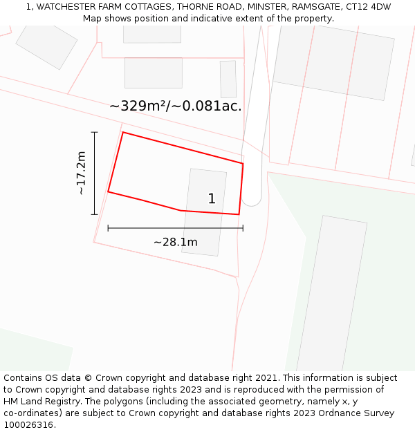 1, WATCHESTER FARM COTTAGES, THORNE ROAD, MINSTER, RAMSGATE, CT12 4DW: Plot and title map