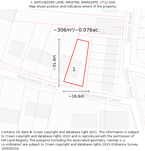 1, WATCHESTER LANE, MINSTER, RAMSGATE, CT12 4DA: Plot and title map