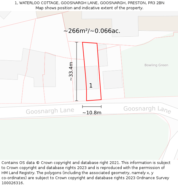 1, WATERLOO COTTAGE, GOOSNARGH LANE, GOOSNARGH, PRESTON, PR3 2BN: Plot and title map