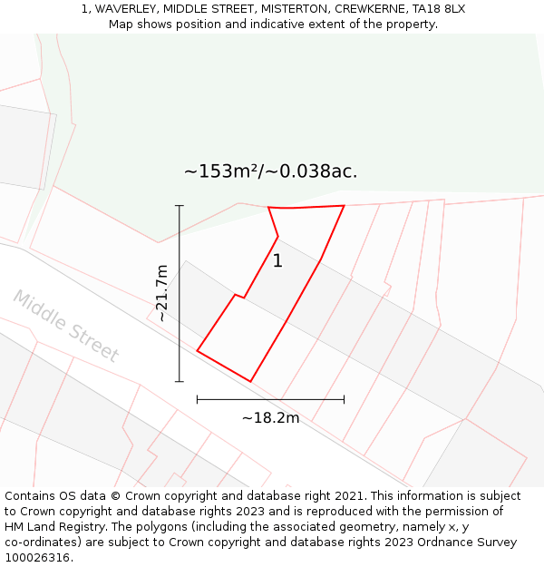 1, WAVERLEY, MIDDLE STREET, MISTERTON, CREWKERNE, TA18 8LX: Plot and title map