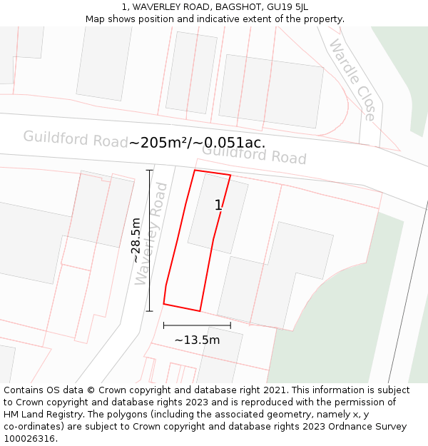 1, WAVERLEY ROAD, BAGSHOT, GU19 5JL: Plot and title map