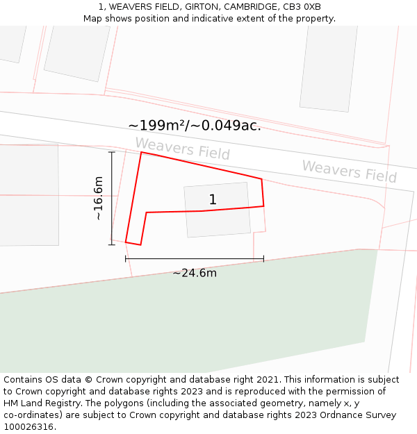 1, WEAVERS FIELD, GIRTON, CAMBRIDGE, CB3 0XB: Plot and title map