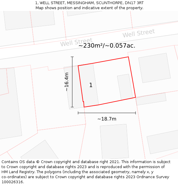 1, WELL STREET, MESSINGHAM, SCUNTHORPE, DN17 3RT: Plot and title map