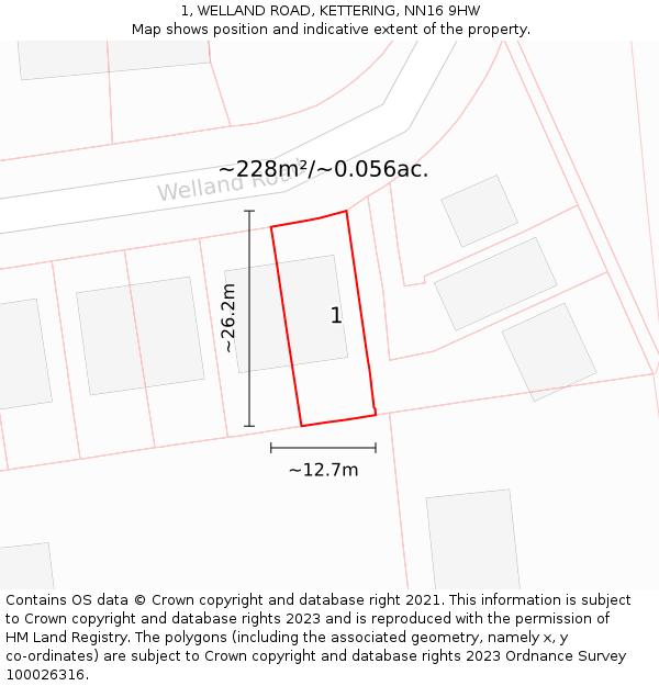 1, WELLAND ROAD, KETTERING, NN16 9HW: Plot and title map