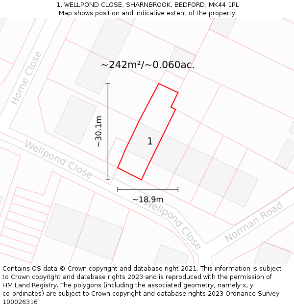 1, WELLPOND CLOSE, SHARNBROOK, BEDFORD, MK44 1PL: Plot and title map