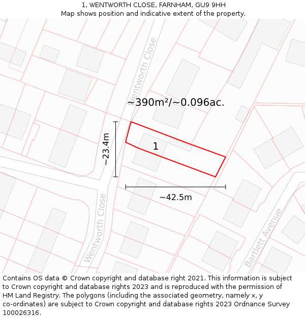 1, WENTWORTH CLOSE, FARNHAM, GU9 9HH: Plot and title map